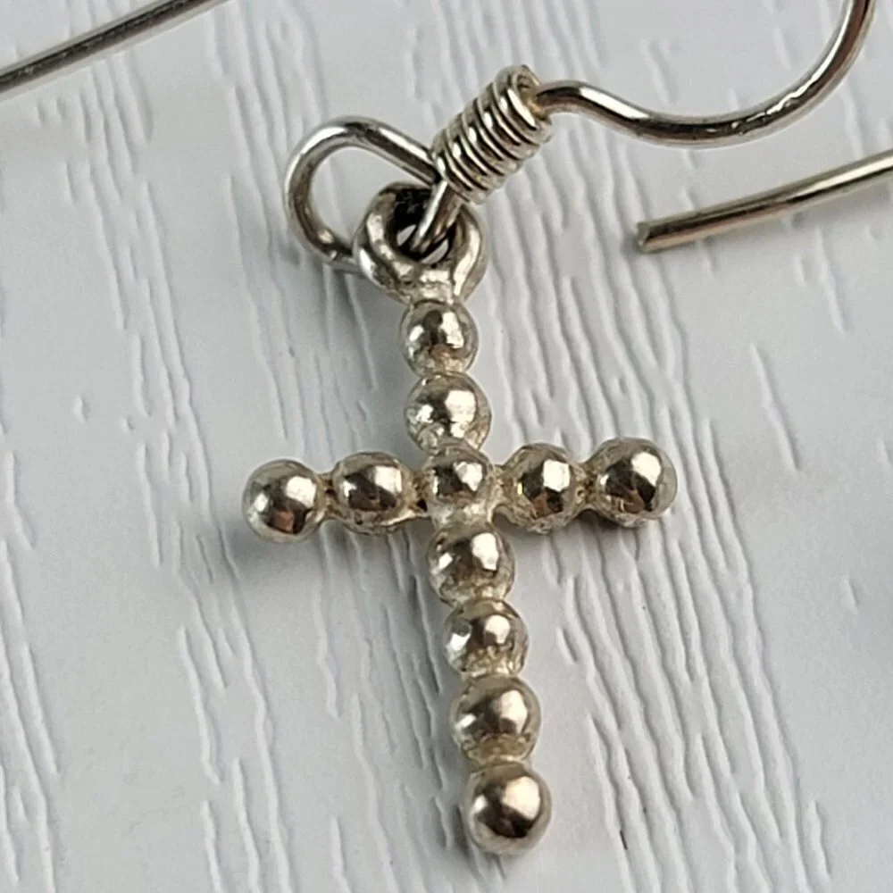Handcrafted Minimalist Sterling Silver Cross Drop Earrings 0.75 Inch Hook Clasp